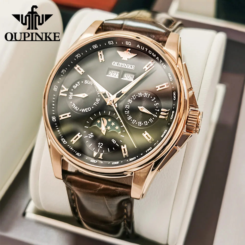 OUPINKE 3189 Men's Watch Top Luxury Brand Automatic Mechanical Watch Fashion Leather Waterproof Sapphire Mirror Moon Men's Watch