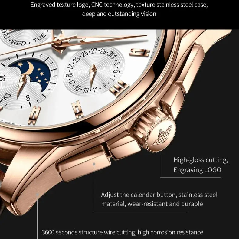 OUPINKE 3189 Men's Watch Top Luxury Brand Automatic Mechanical Watch Fashion Leather Waterproof Sapphire Mirror Moon Men's Watch