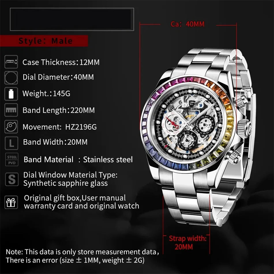 PAGANI Design Men Automatic Mechanical Watch Rainbow Rainbow Circle Skeleton Dial Stainless Steel Sapphire Sports Watches