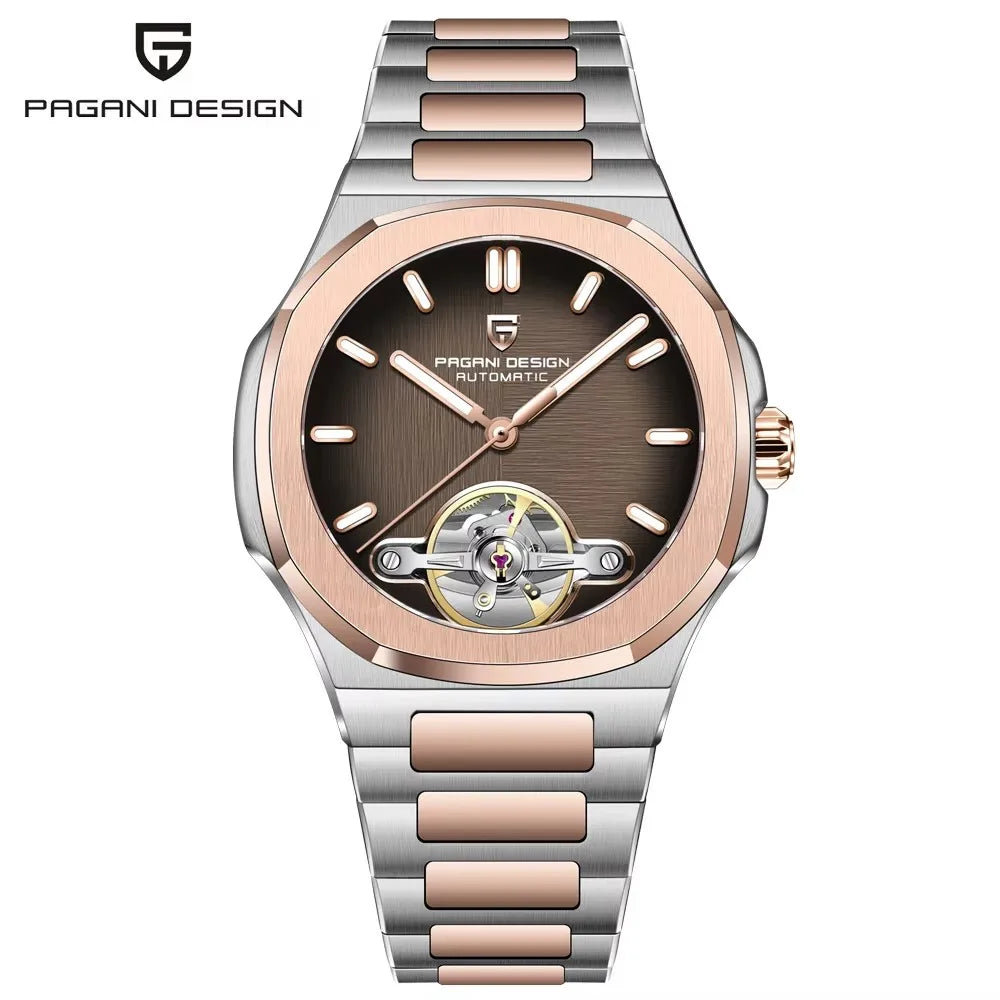 PAGANI DESIGN Tourbillon Men's Watches Rose Gold Luxury Automatic Watch For Men Mechanical Wristwatches AR Sapphire Mirror Clock