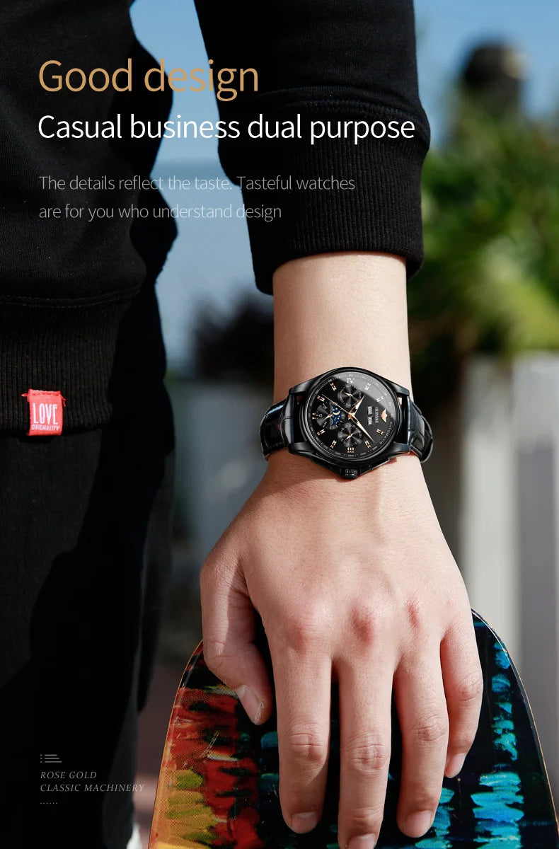 OUPINKE 3189 Men's Watch Top Luxury Brand Automatic Mechanical Watch Fashion Leather Waterproof Sapphire Mirror Moon Men's Watch