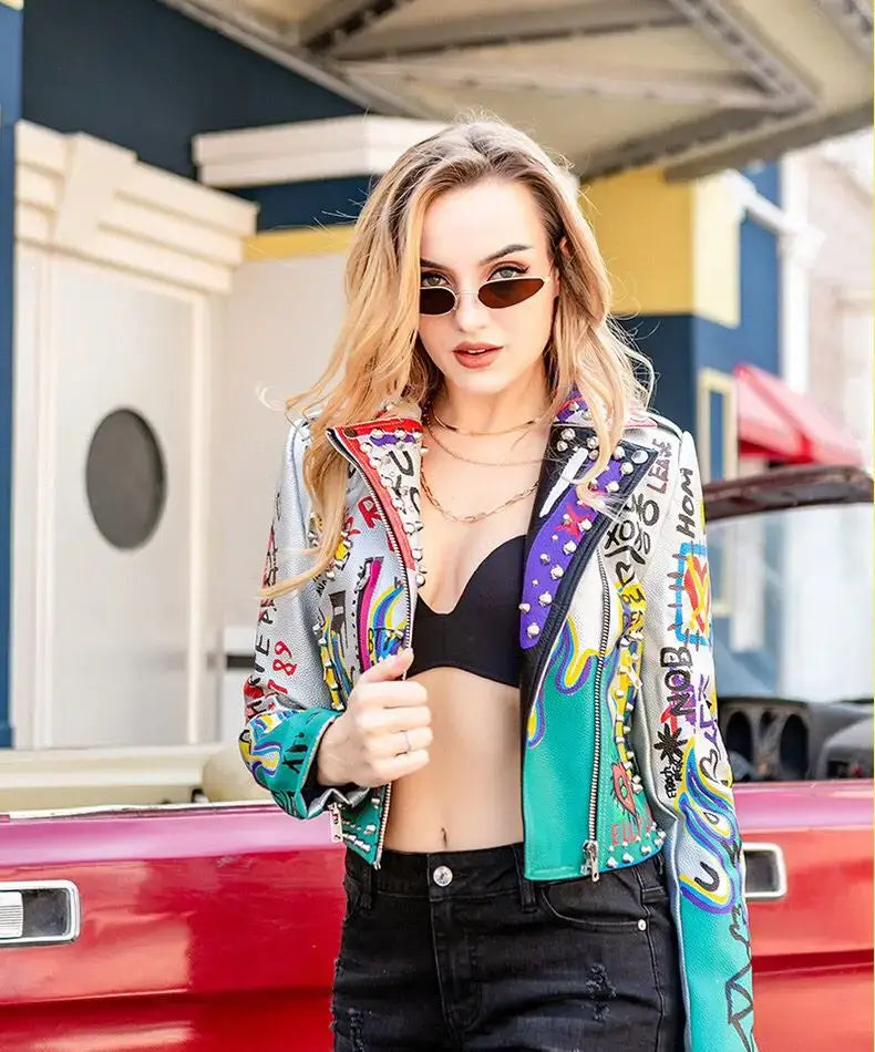 Womens Rivet Beading Pu Jacket Hit Color Streetstyle Graffiti Outerwear letters Printed leather Jackets Short Punk Street Coat