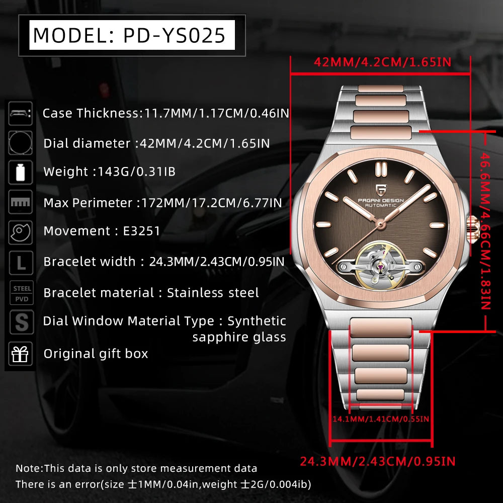 PAGANI DESIGN Tourbillon Men's Watches Rose Gold Luxury Automatic Watch For Men Mechanical Wristwatches AR Sapphire Mirror Clock