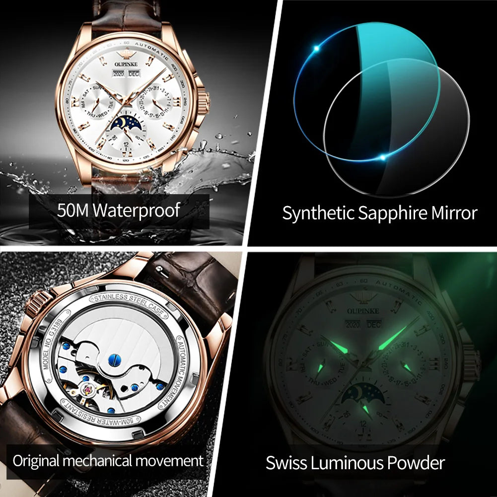 OUPINKE 3189 Men's Watch Top Luxury Brand Automatic Mechanical Watch Fashion Leather Waterproof Sapphire Mirror Moon Men's Watch