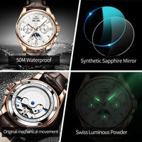 OUPINKE 3189 Men's Watch Top Luxury Brand Automatic Mechanical Watch Fashion Leather Waterproof Sapphire Mirror Moon Men's Watch