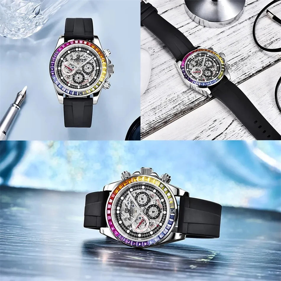 PAGANI Design Men Automatic Mechanical Watch Rainbow Rainbow Circle Skeleton Dial Stainless Steel Sapphire Sports Watches