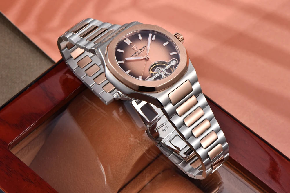 PAGANI DESIGN Tourbillon Men's Watches Rose Gold Luxury Automatic Watch For Men Mechanical Wristwatches AR Sapphire Mirror Clock