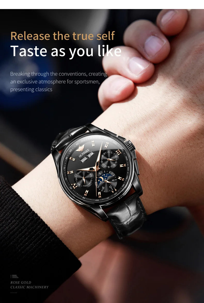 OUPINKE 3189 Men's Watch Top Luxury Brand Automatic Mechanical Watch Fashion Leather Waterproof Sapphire Mirror Moon Men's Watch