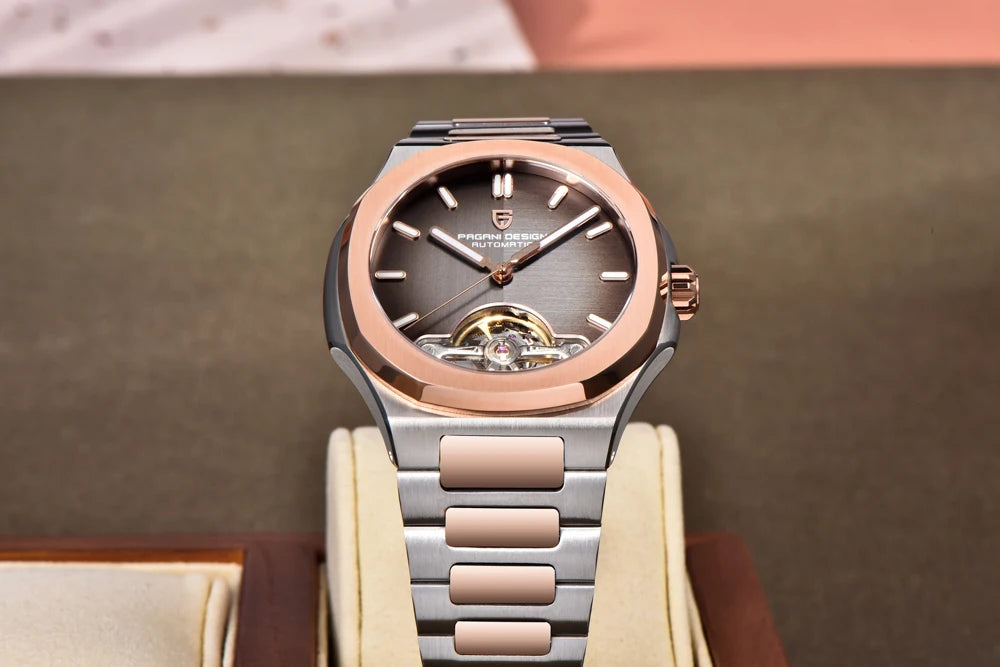 PAGANI DESIGN Tourbillon Men's Watches Rose Gold Luxury Automatic Watch For Men Mechanical Wristwatches AR Sapphire Mirror Clock