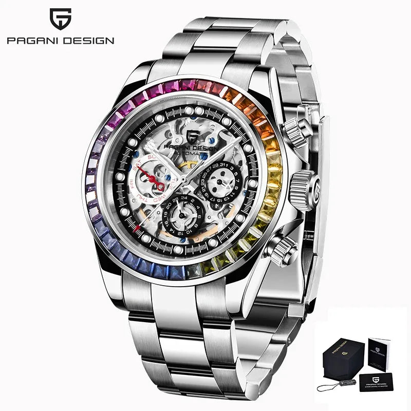 PAGANI Design Men Automatic Mechanical Watch Rainbow Rainbow Circle Skeleton Dial Stainless Steel Sapphire Sports Watches