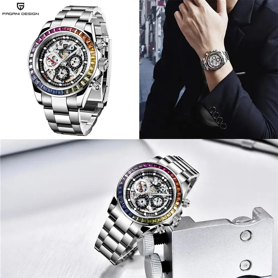 PAGANI Design Men Automatic Mechanical Watch Rainbow Rainbow Circle Skeleton Dial Stainless Steel Sapphire Sports Watches