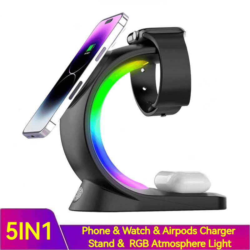 4-in-1 Magnetic Charge & Glow: Wireless Oasis for Phone, Watch, & Buds (RGB Light)