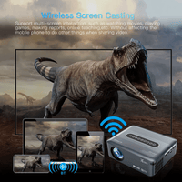 Ultra HD 8K wireless projector showing dinosaur movie on multiple devices for an immersive home theater experience