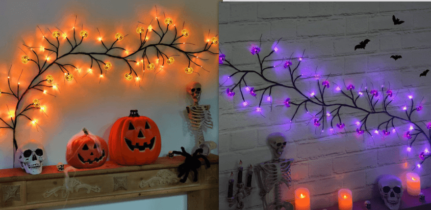 Warm-glowing Halloween rattan lights with bat and pumpkin shapes