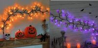 Warm-glowing Halloween rattan lights with bat and pumpkin shapes