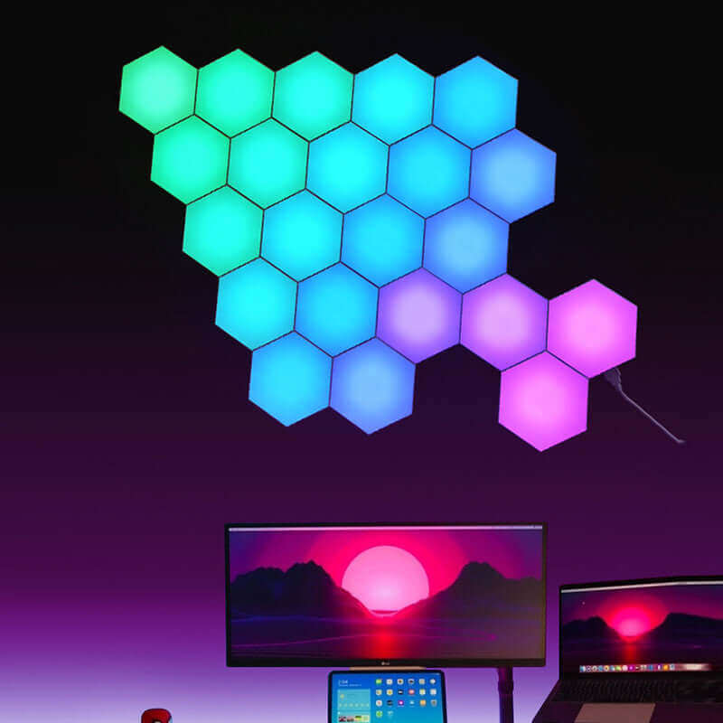 Colorful color-changing honeycomb wall lamp creating a dreamy rainbow effect for gaming atmosphere in a modern bedroom.