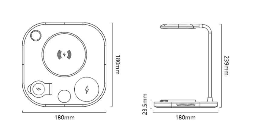 Dimensions and design of the New Three-in-one Wireless Magnetic Charger 15W Fast Charging Desk Lamp with 180mm base and 239mm height.