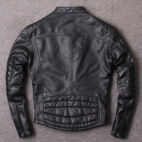 Black washed genuine leather jacket with stand-up collar shown from the back, ideal for men, suitable for spring and autumn seasons, sizes S to XXXXL.