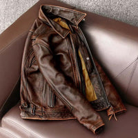Vintage distressed brown cowhide leather jacket for men with minimalist fashion style, featuring old-fashioned design and zippers.