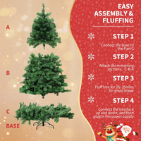 Easy assembly and fluffing guide for PVC artificial snow Christmas tree with step-by-step instructions and festive background