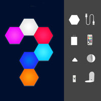 Colorful color-changing honeycomb wall lamp with smart features and accessories including remote, USB cable, and power adapter.