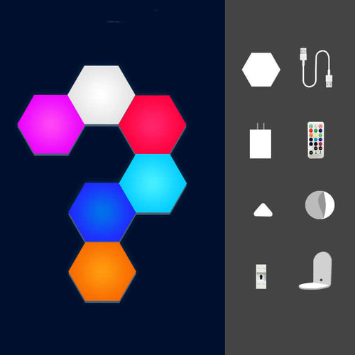 Colorful color-changing honeycomb wall lamp with smart features and accessories including remote, USB cable, and power adapter.