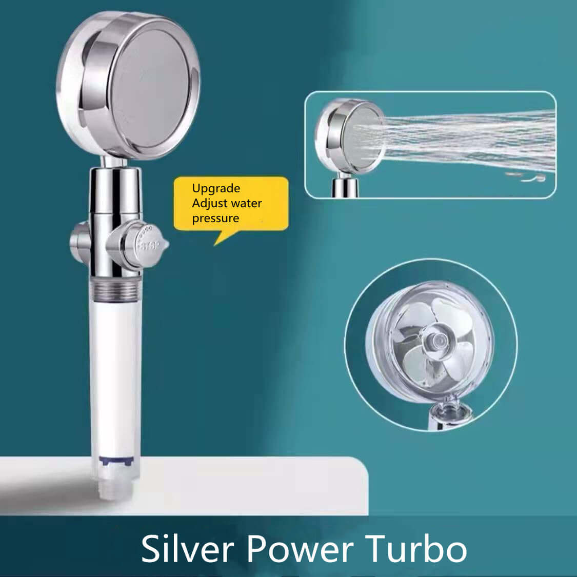 Water Saving Shower Head with 360-Degree Rotation - Pressurized, Built-in Turbofan, Detachable